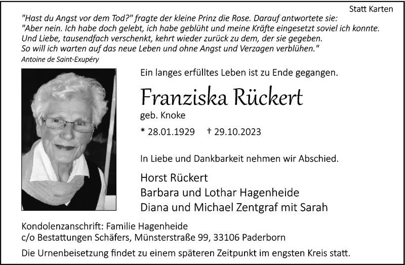  Traueranzeige für Franziska Rückert vom 04.11.2023 aus Westfalen Blatt