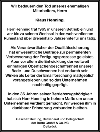 Traueranzeige von Klaus Henning von Westfalen Blatt