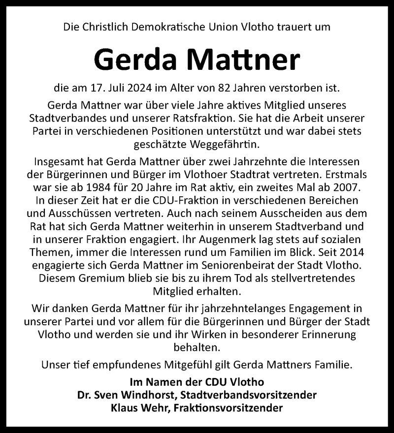  Traueranzeige für Gerda Mattner vom 27.07.2024 aus Westfalen Blatt