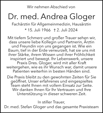 Traueranzeige von Dr. med. Andrea Gloger von Westfalen Blatt