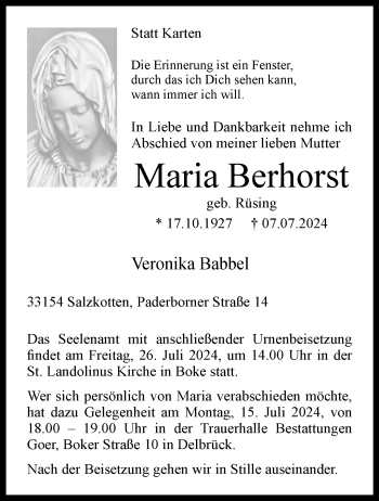 Traueranzeige von Maria Berhorst von Westfalen Blatt