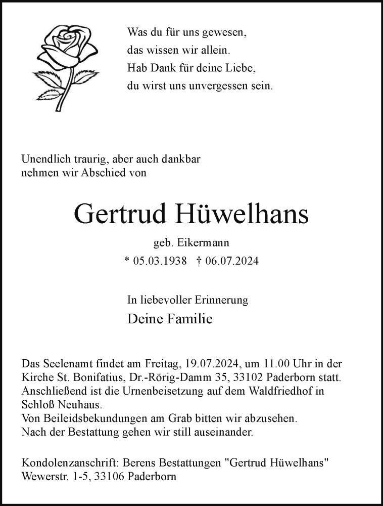  Traueranzeige für Gertrud Hüwelhans vom 13.07.2024 aus Westfalen Blatt