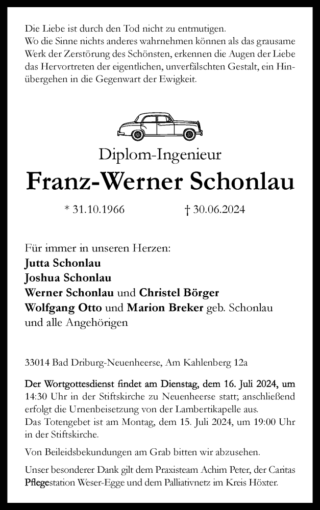  Traueranzeige für Franz-Werner Schonlau vom 06.07.2024 aus Westfalen Blatt