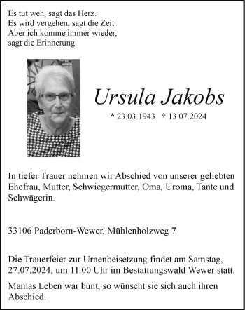 Traueranzeige von Ursula Jakobs von Westfalen Blatt