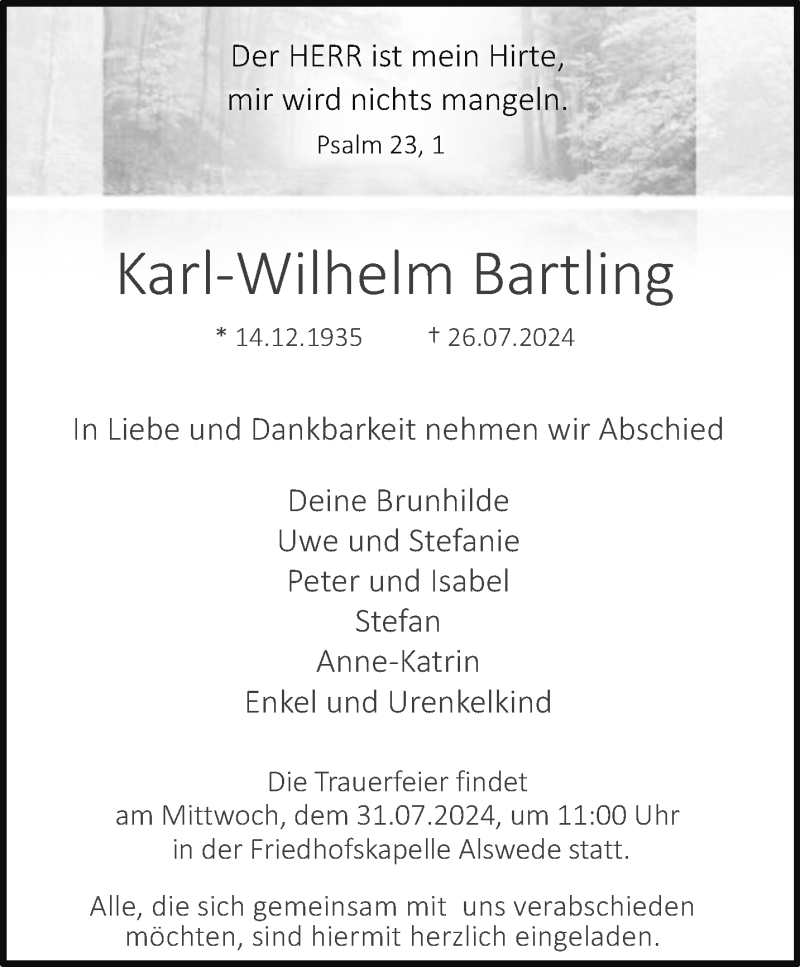 Traueranzeige für Karl-Wilhelm Bartling vom 30.07.2024 aus Westfalen Blatt