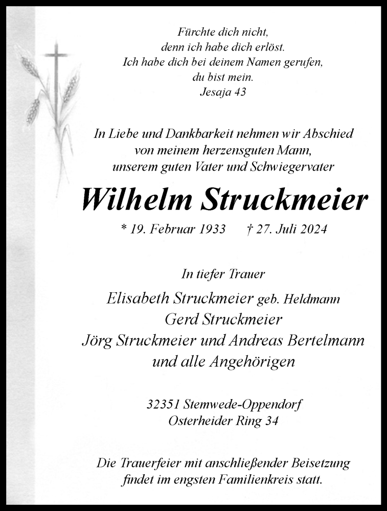  Traueranzeige für Wilhelm Struckmeier vom 30.07.2024 aus Westfalen Blatt
