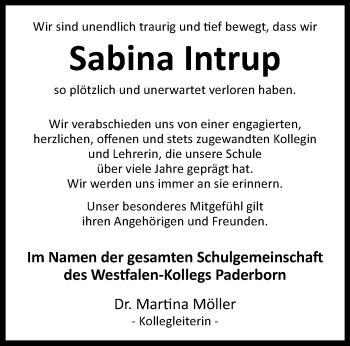 Traueranzeige von Sabina Intrup von Westfalen Blatt