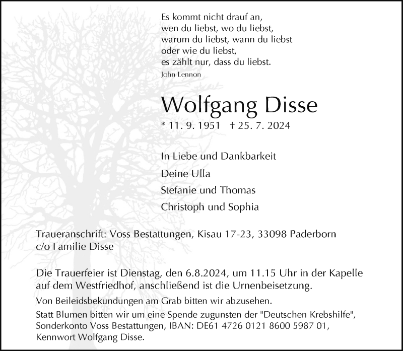  Traueranzeige für Wolfgang Disse vom 31.07.2024 aus Westfalen Blatt