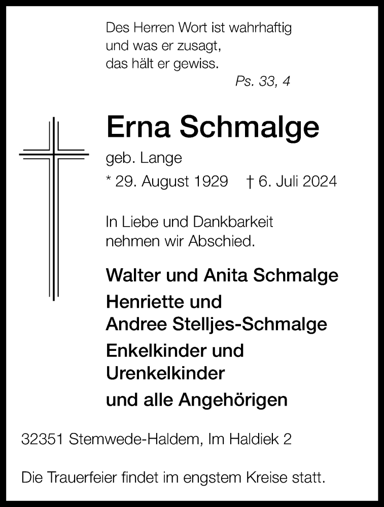 Traueranzeige für Erna Schmalge vom 09.07.2024 aus Westfalen Blatt
