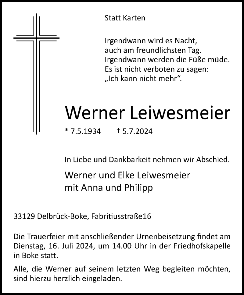  Traueranzeige für Werner Leiwesmeier vom 13.07.2024 aus Westfalen Blatt