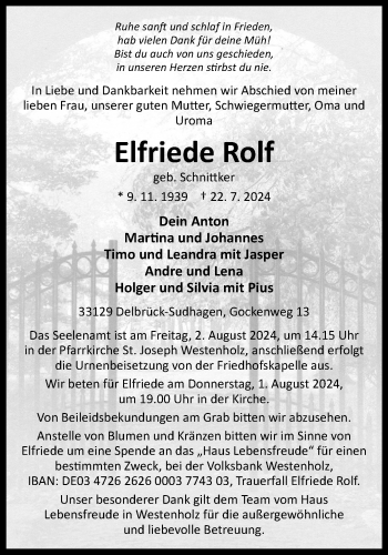 Traueranzeige von Elfriede Rolf von Westfalen Blatt