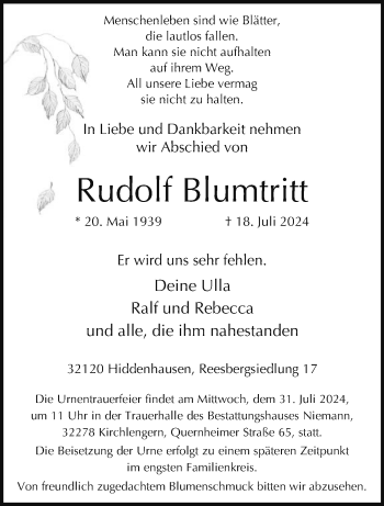 Traueranzeige von Rudolf Blumtritt von Westfalen Blatt