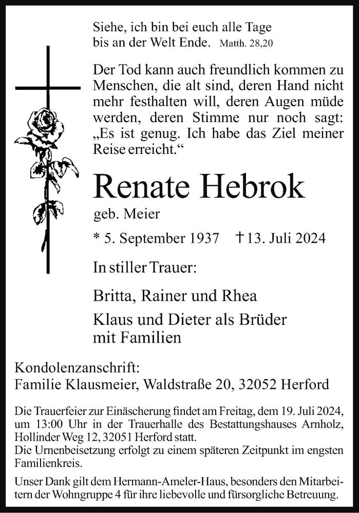  Traueranzeige für Renate Hebrok vom 17.07.2024 aus Westfalen Blatt