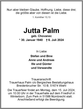 Traueranzeige von Jutta Palm von Westfalen Blatt