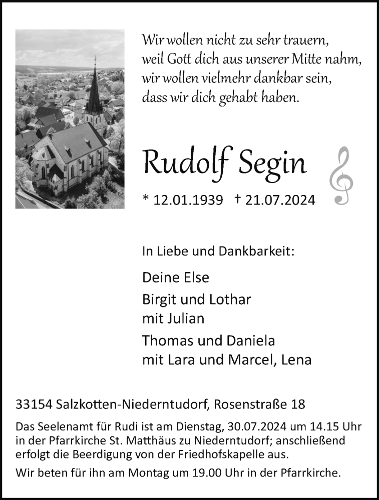  Traueranzeige für Rudolf Segin vom 27.07.2024 aus Westfalen Blatt