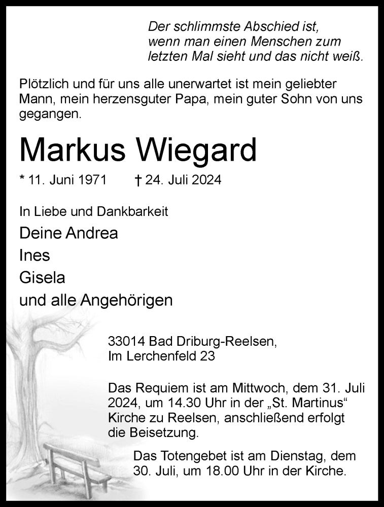 Traueranzeige für Markus Wiegard vom 27.07.2024 aus Westfalen Blatt
