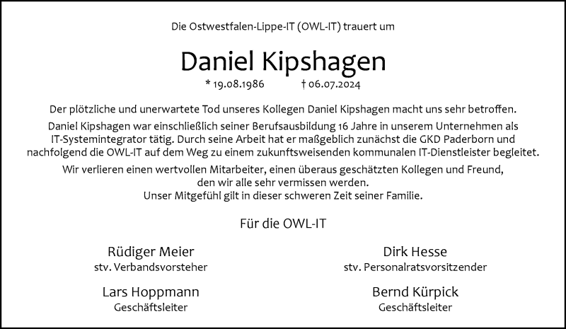  Traueranzeige für Daniel Kipshagen vom 20.07.2024 aus Westfalen Blatt
