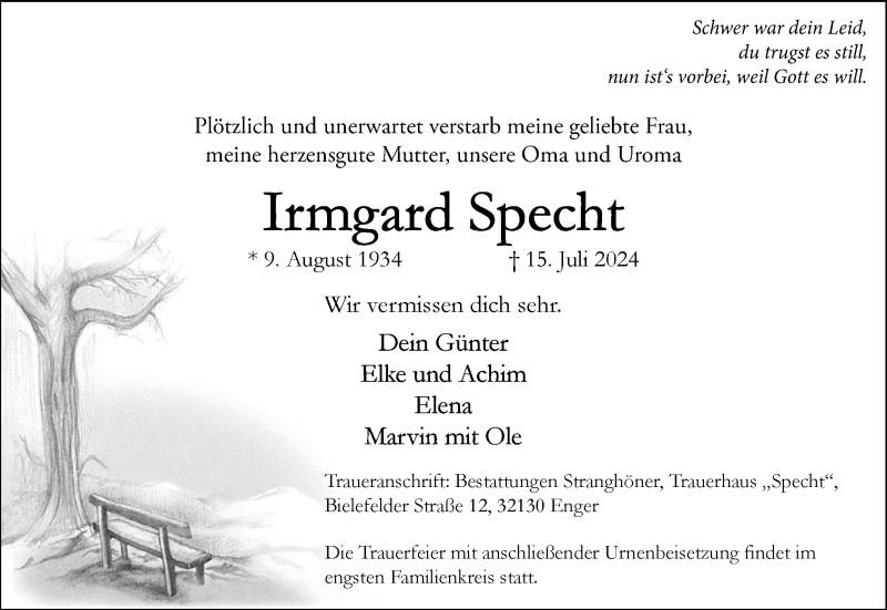  Traueranzeige für Irmgard Specht vom 20.07.2024 aus Westfalen Blatt