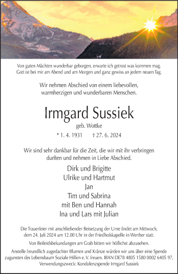 Traueranzeige von Irmgard Sussiek von Westfalen Blatt