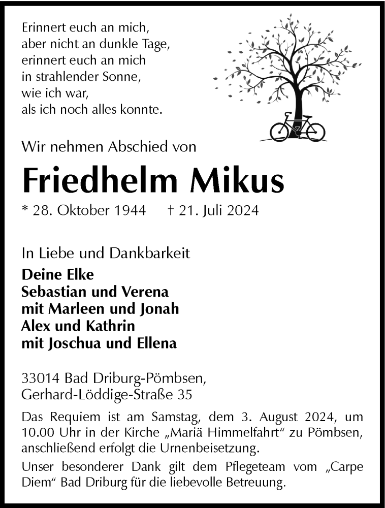  Traueranzeige für Friedhelm Mikus vom 27.07.2024 aus Westfalen Blatt