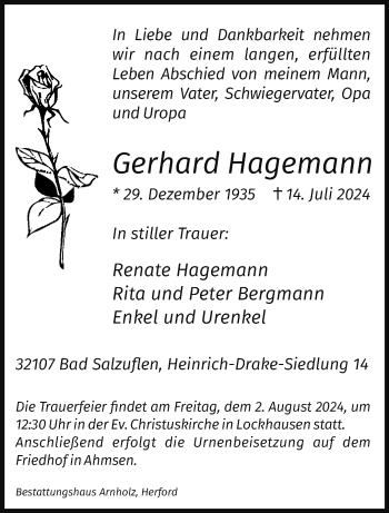 Traueranzeige von Gerhard Hagemann von Westfalen Blatt