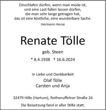 Traueranzeige von Renate Tölle von Westfalen Blatt
