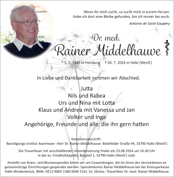 Traueranzeige von Dr. med. Rainer Middelhauve von Westfalen Blatt