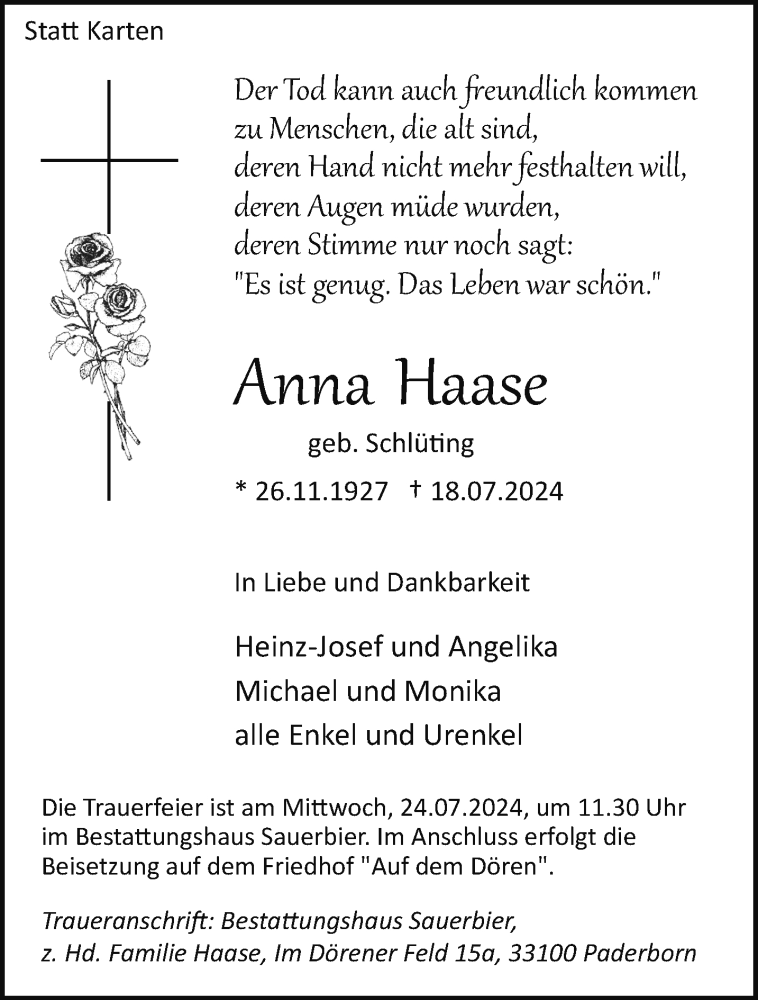  Traueranzeige für Anna Haase vom 20.07.2024 aus Westfalen Blatt
