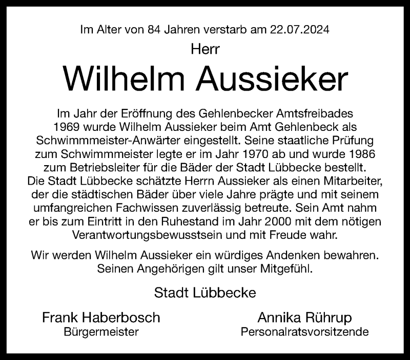  Traueranzeige für Wilhelm Aussieker vom 30.07.2024 aus Westfalen Blatt