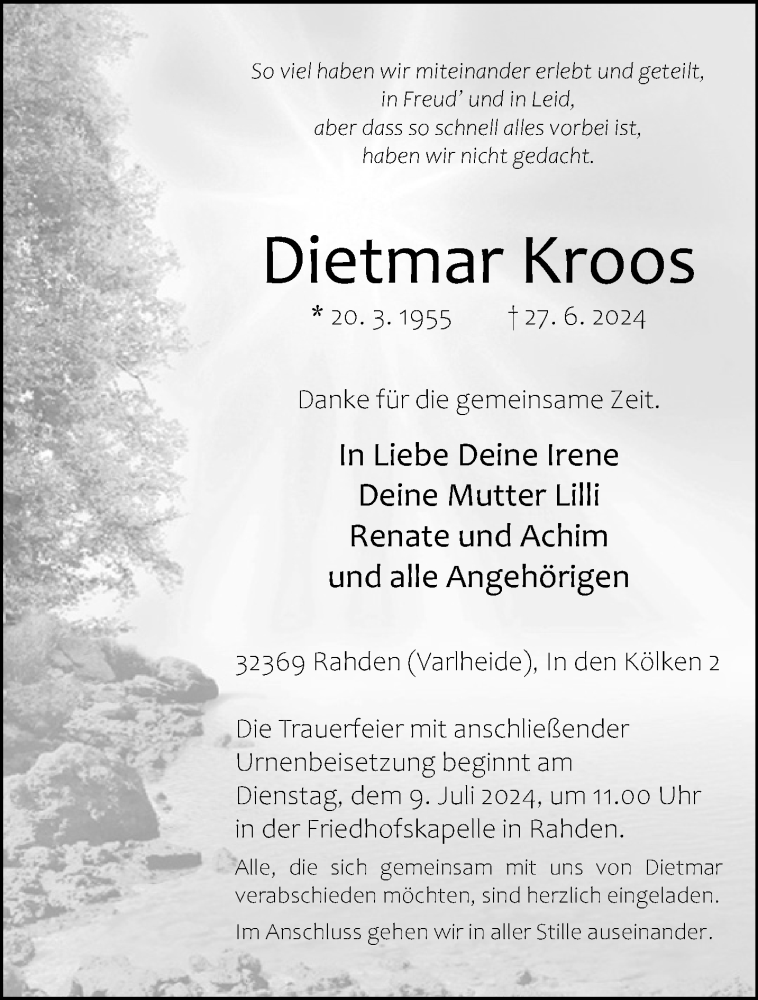  Traueranzeige für Dietmar Kroos vom 03.07.2024 aus Westfalen Blatt