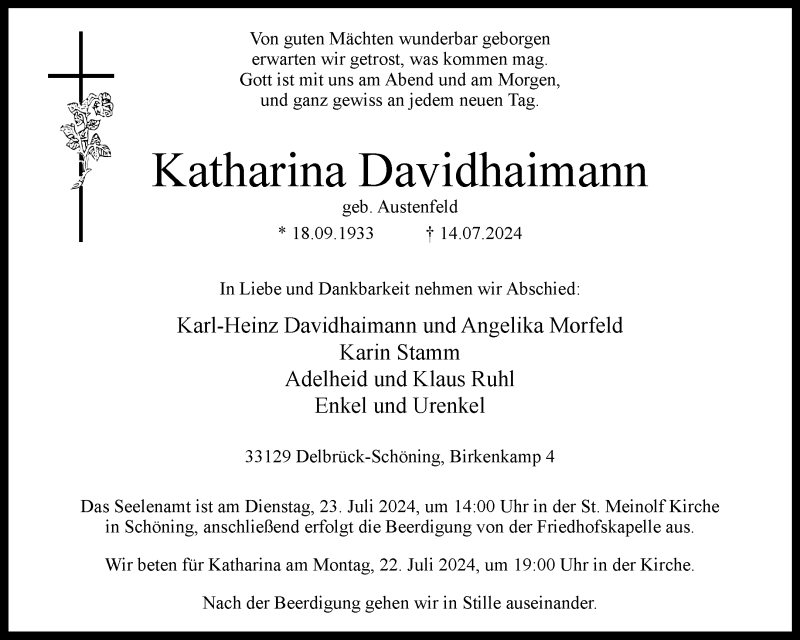  Traueranzeige für Katharina Davidhaimann vom 17.07.2024 aus Westfalen Blatt