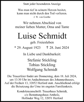 Traueranzeige von Luise Schmidt von Westfalen Blatt