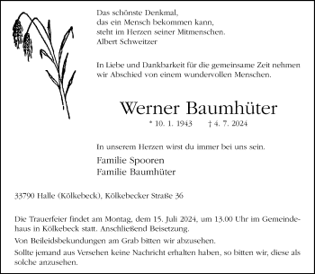 Traueranzeige von Werner Baumhüter von Westfalen Blatt