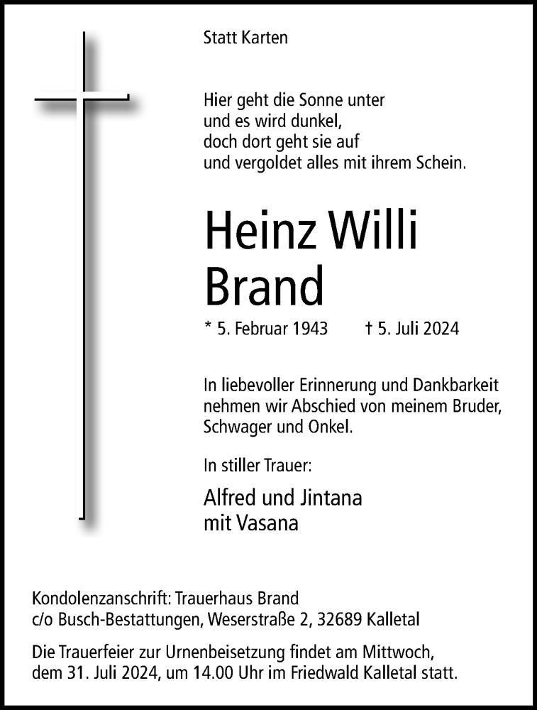  Traueranzeige für Heinz Willi Brand vom 27.07.2024 aus Westfalen Blatt