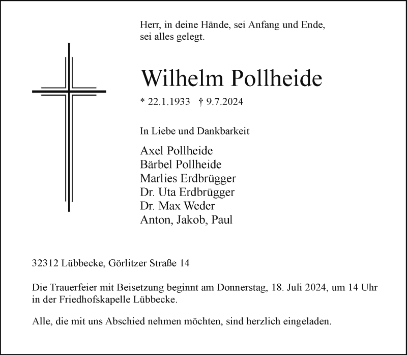  Traueranzeige für Wilhelm Pollheide vom 13.07.2024 aus Westfalen Blatt