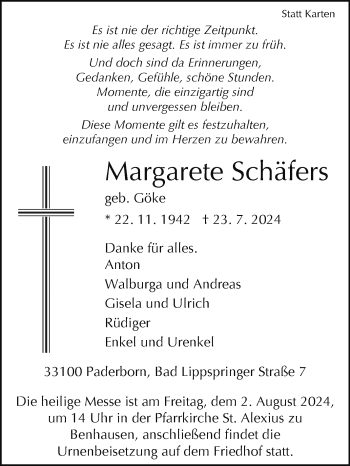 Traueranzeige von Margarete Schäfers von Westfalen Blatt