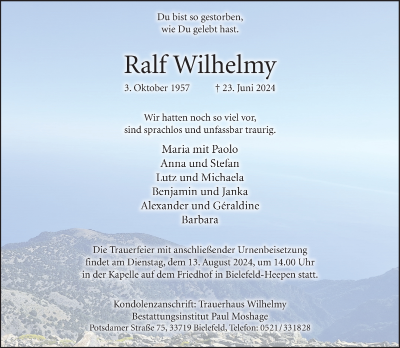  Traueranzeige für Ralf Wilhelmy vom 27.07.2024 aus Westfalen Blatt