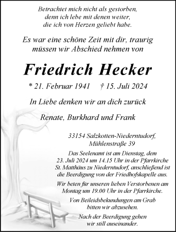 Traueranzeige von Friedrich Hecker von Westfalen Blatt