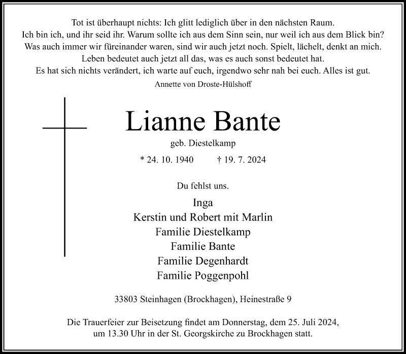  Traueranzeige für Lianne Bante vom 23.07.2024 aus Westfalen Blatt