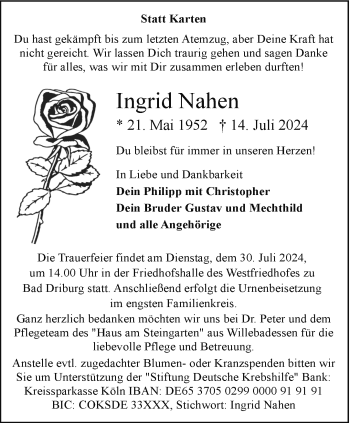 Traueranzeige von Ingrid Nahen von Westfalen Blatt