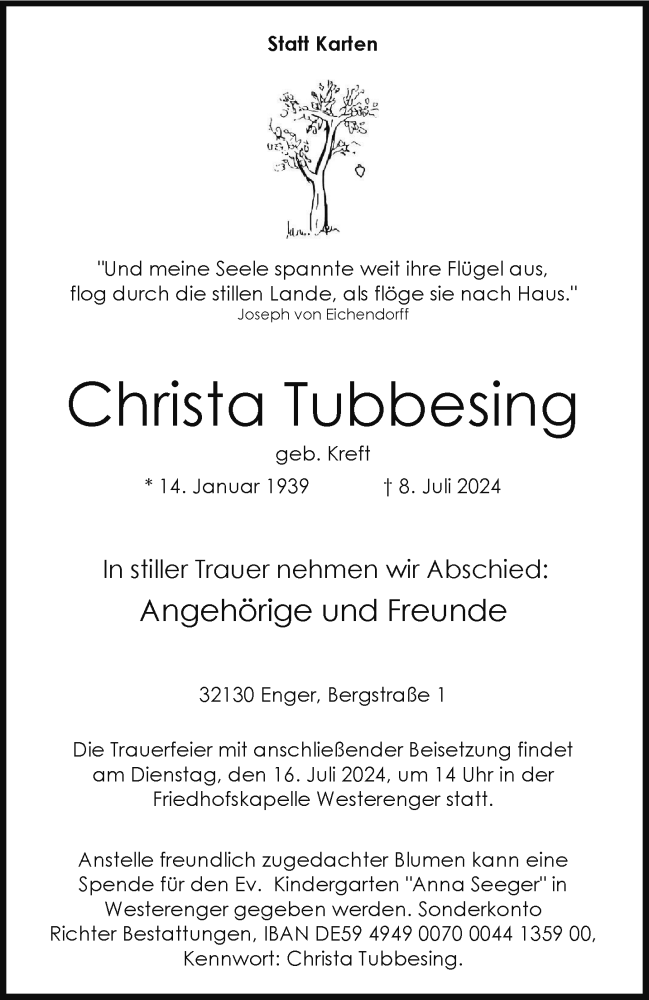  Traueranzeige für Christa Tubbesing vom 13.07.2024 aus Westfalen Blatt