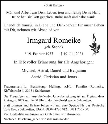 Traueranzeige von Irmgard Romeike von Westfalen Blatt