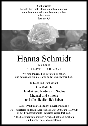 Traueranzeige von Hanna Schmidt von Westfalen Blatt