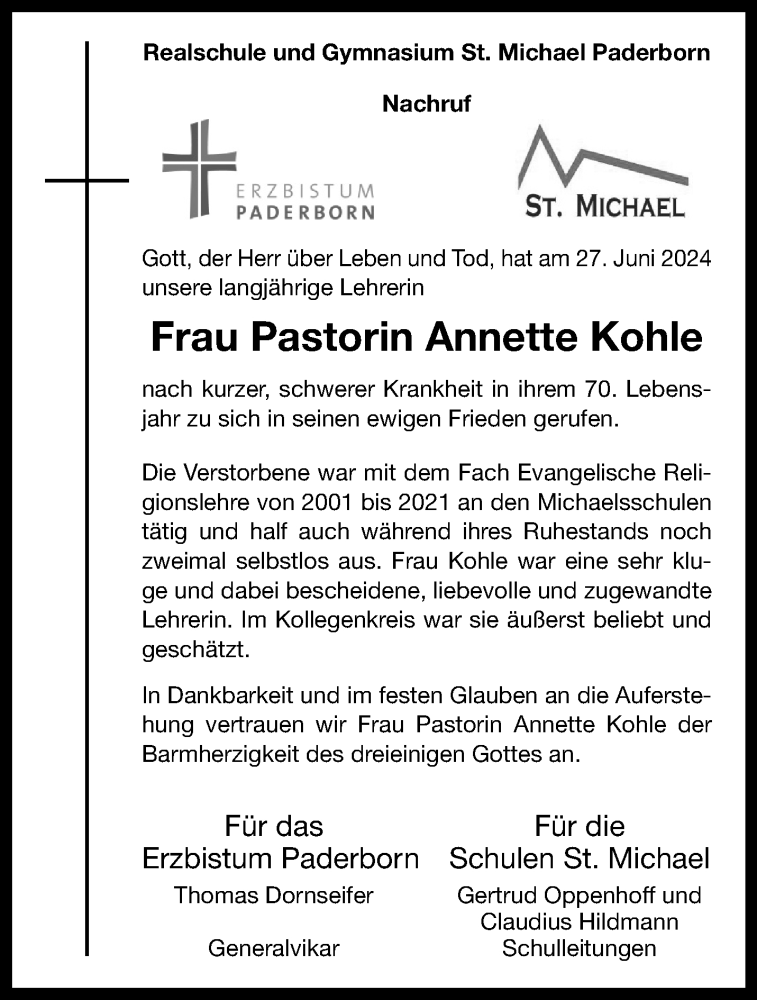 Traueranzeige für Annette Kohle vom 06.07.2024 aus Westfalen Blatt