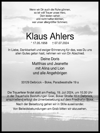 Traueranzeige von Klaus Ahlers von Westfalen Blatt