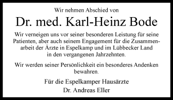 Traueranzeige von Dr. med. Karl-Heinz Bode von Westfalen Blatt
