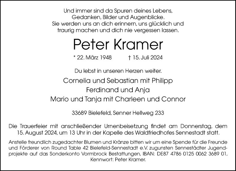  Traueranzeige für Peter Kramer vom 27.07.2024 aus Westfalen Blatt