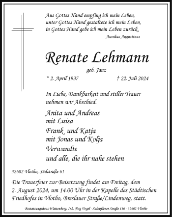 Traueranzeige von Renate Lehmann von Westfalen Blatt