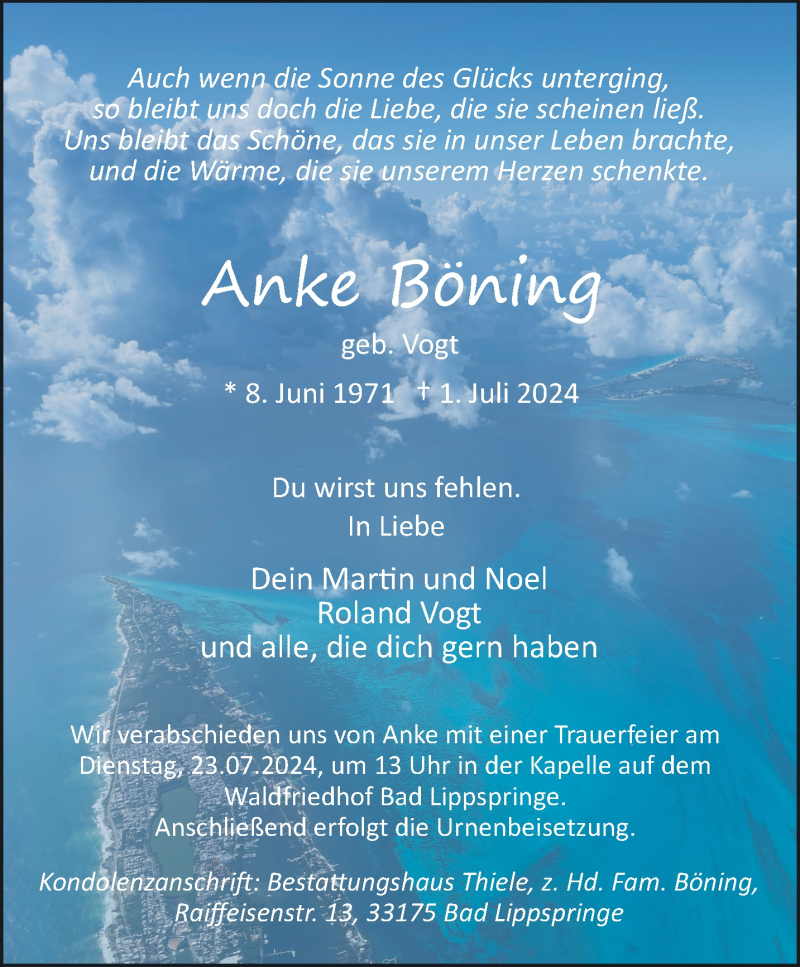  Traueranzeige für Anke Böning vom 13.07.2024 aus Westfalen Blatt