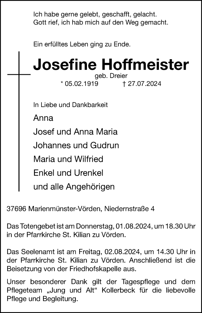  Traueranzeige für Josefine Hoffmeister vom 31.07.2024 aus Westfalen Blatt